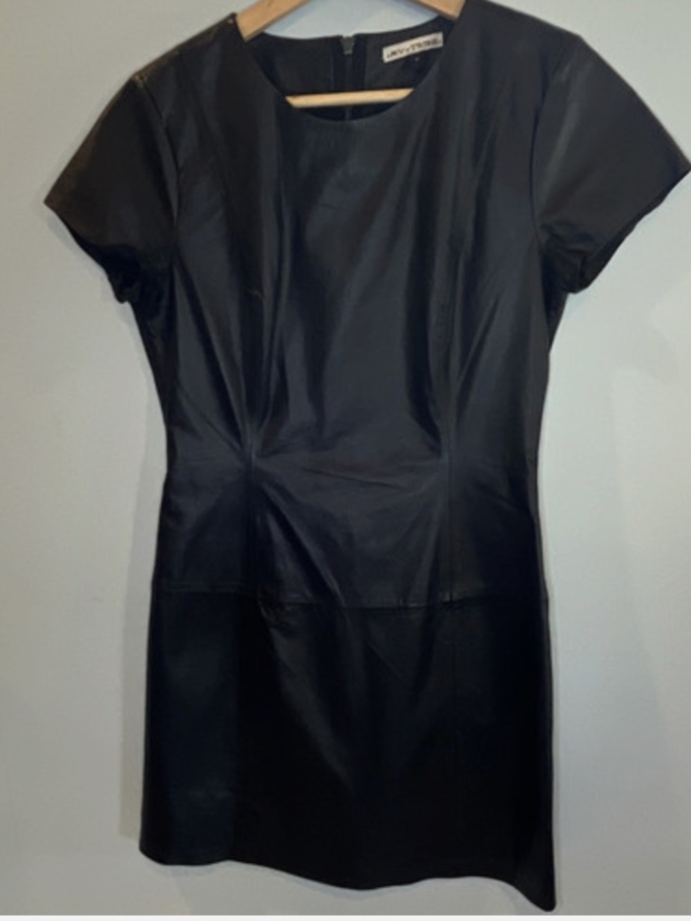 MY TRIBE Black Leather Sheath Dress Round Neck Cap Sleeve Short Zip Back S